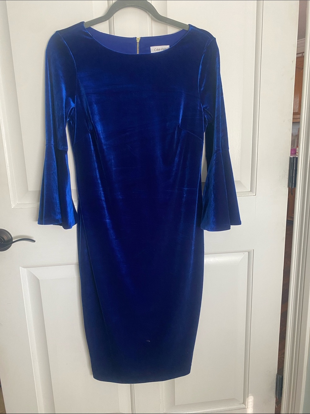 Calvin Klein Cobalt Blue Velvet Midi Dress with Bell Sleeves